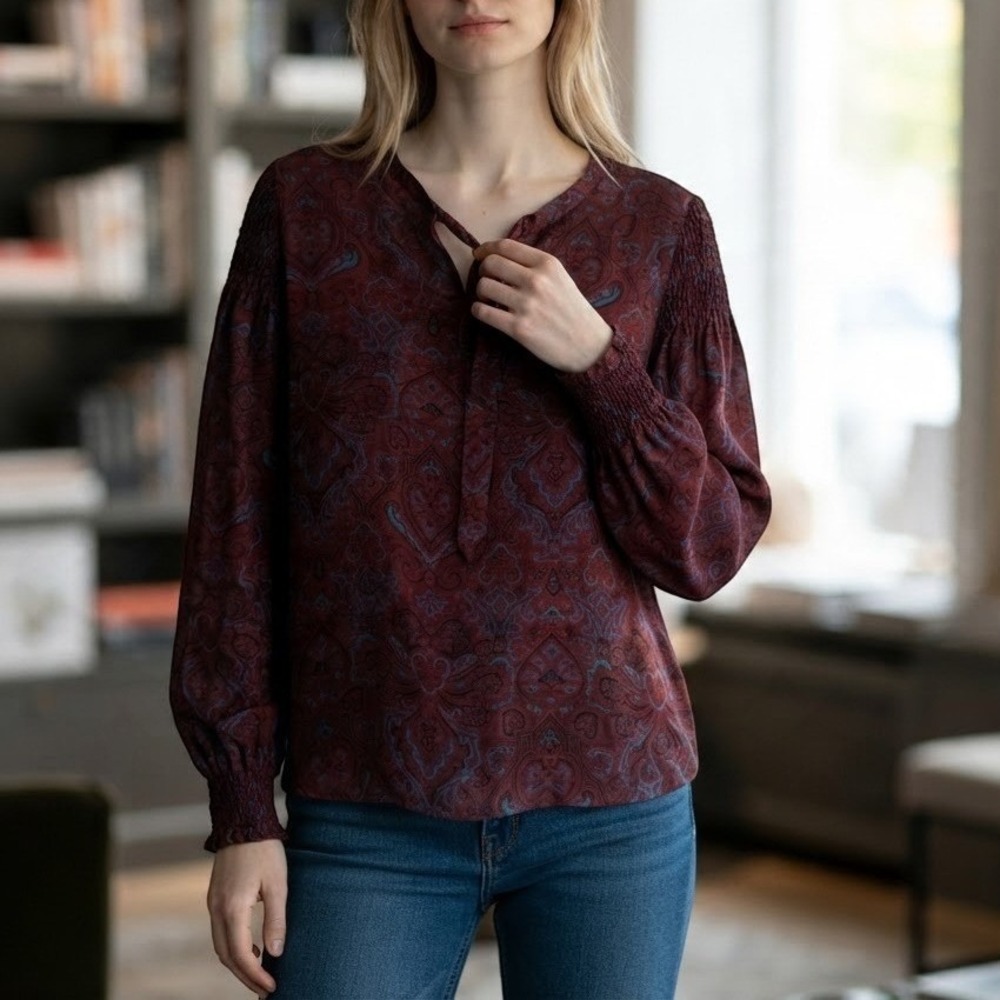 Kobi Halperin Womens Silk Paisley Blouse Burgundy Casual Luxury Career Small